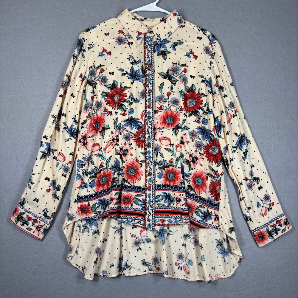 Lola P Womens Floral Polka‎ Dot Button Down Shirt Small High Low Boho Cottage